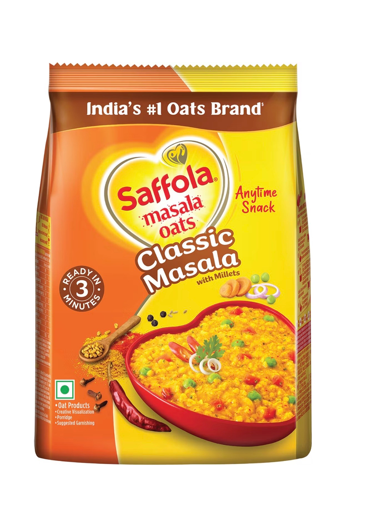 Saffola Masala Oats Classic Masala, Anytime Snack, Ready in 3 mins, Millets Goodness Pouch (225 g)