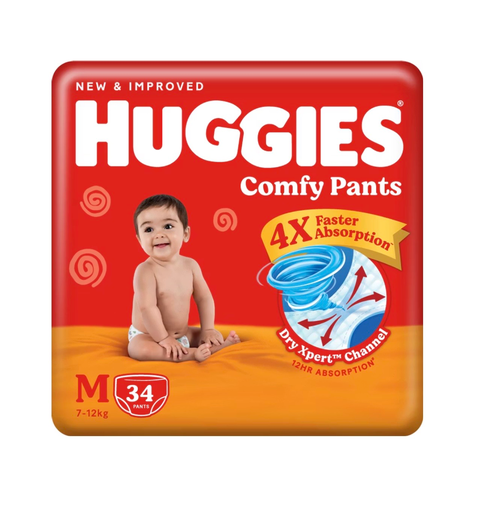 Huggies Comfy Baby Diaper Pants, Upto 50% Faster Absorption - M (34 Pieces)