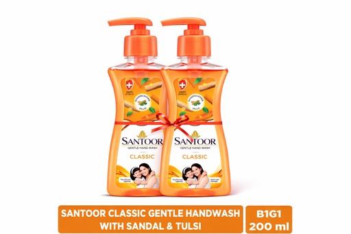 Santoor by Wipro Classic Gentle with Goodness of Sandalwood & Tulsi Hand Wash Pump Dispenser (Buy 1 Get 1(200ml Each)